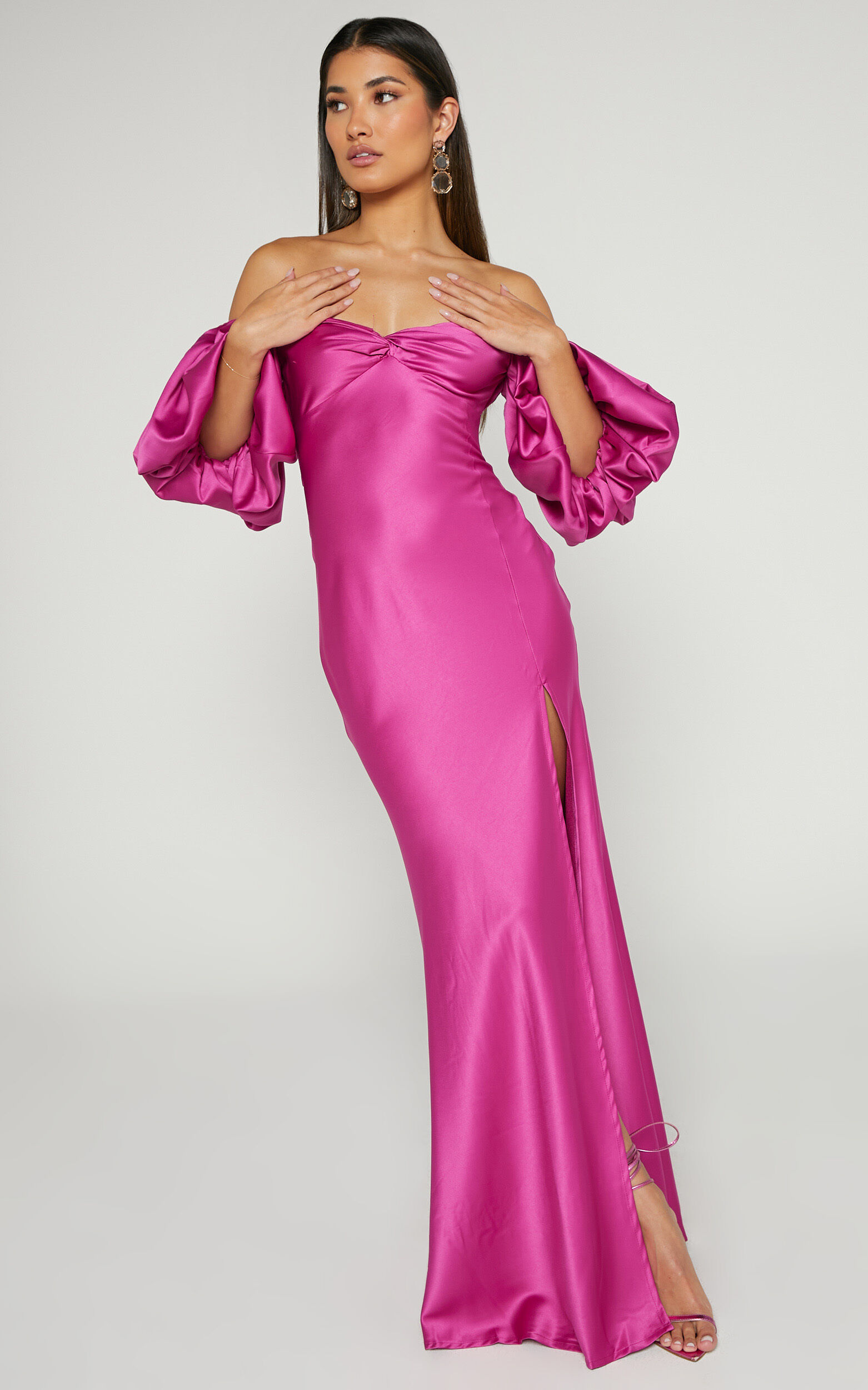 Blanche Maxi Dress Twist Bust Detail Puff Sleeve Thigh Split Dress in Magenta