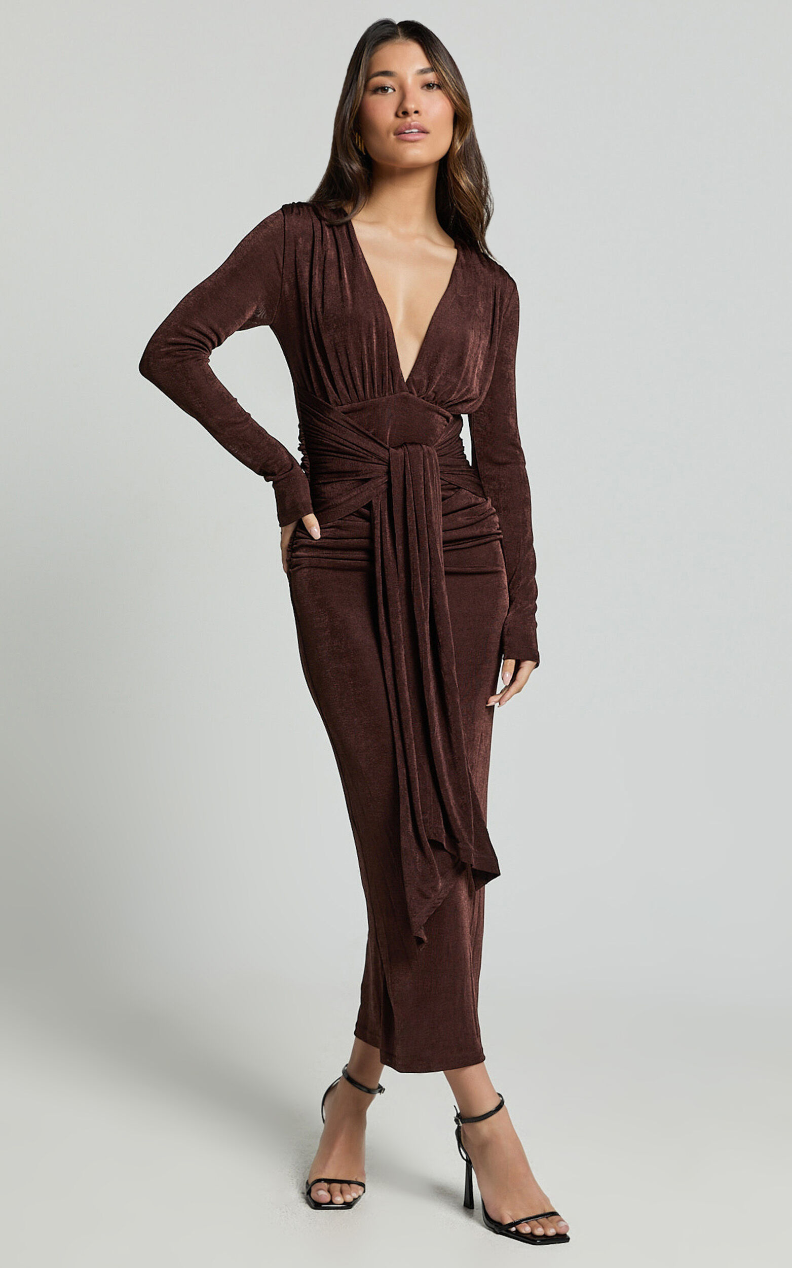 Melanie Midi Dress - Plunge Long Sleeve Tie Front Dress in Chocolate ...