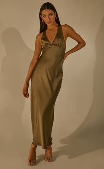 Khalani Midi Dress - Deep V Neck Satin Slip Dress in Dark Olive