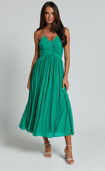 Roza Midi Dress - Ruched Bodice Dress in Emerald