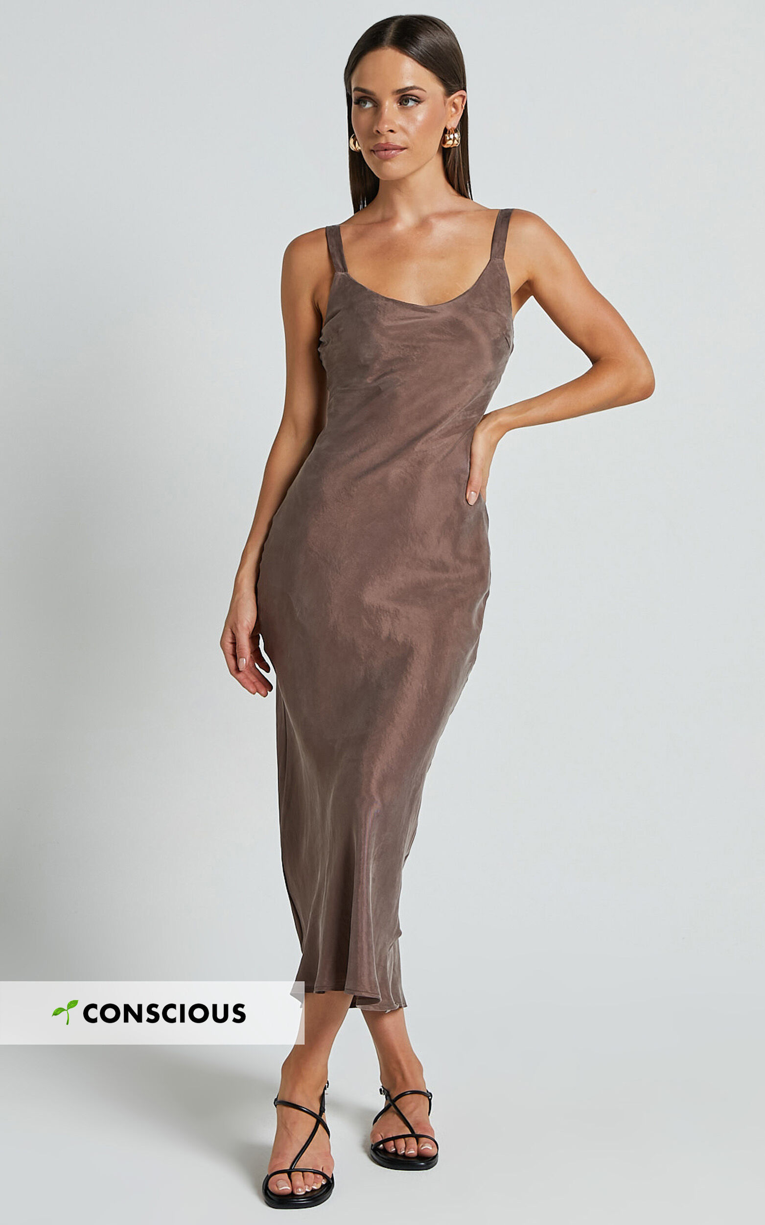 Ramirez Midi Dress - Wide Strap Cupro Bias Cut Dress in Chocolate - 06, BRN1