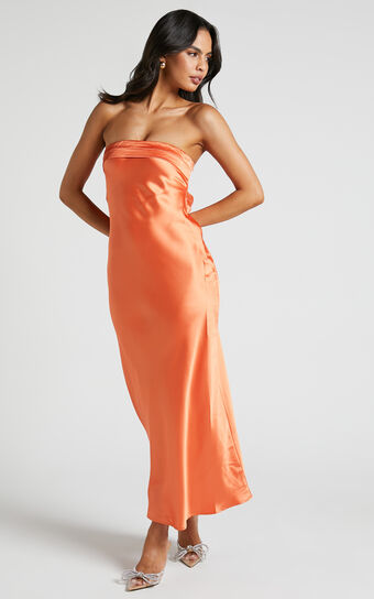 Tracey Maxi Dress - Strapless Back Drape Satin Dress in Ochre