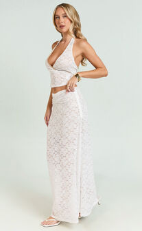 Sally Two Piece Set - Stretch Lace Halter Top and Maxi Skirt Set in White