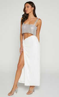Claudilyn Midi Skirt - Sequin Twist Front Skirt in White