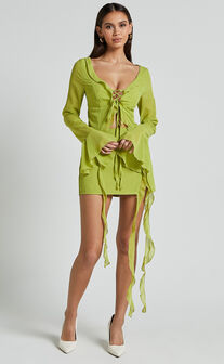 Diana Two Piece Set - Ruffle Long Sleeve Top And Mni Skirt in Lime