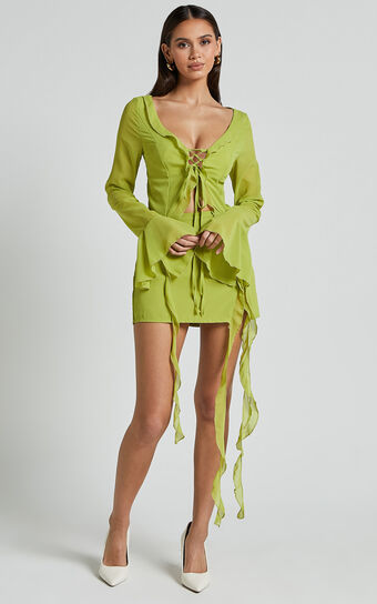 Diana Two Piece Set Ruffle Long Sleeve Top And Mni Skirt in Lime