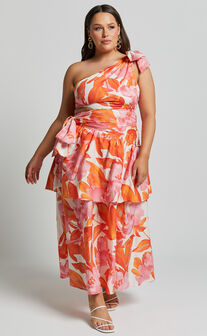 Honolulu Midi Dress - One Shoulder Tiered Dress in Orange Floral