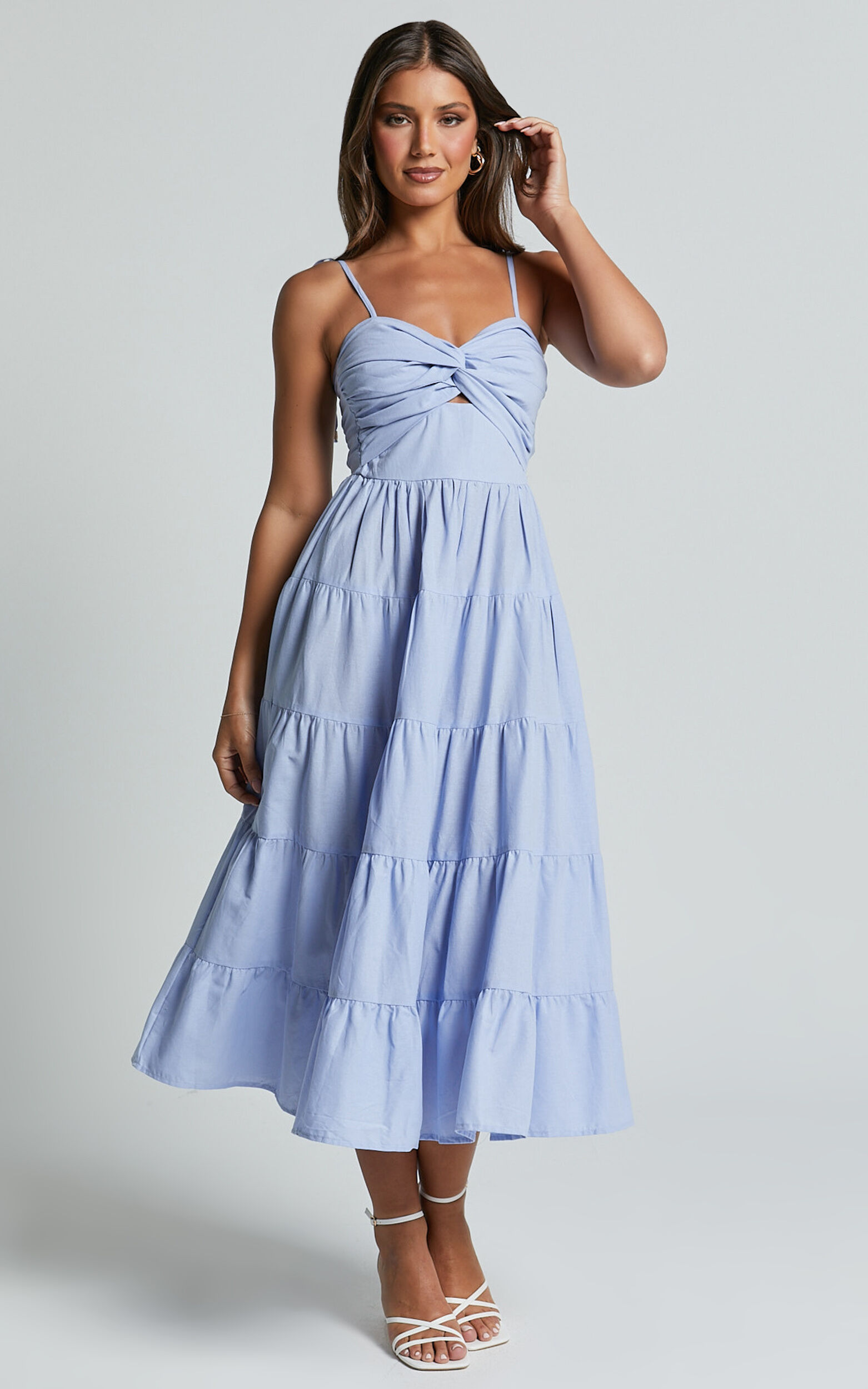 Leticia Midi Dress Twist Front Tie Strap Tiered Dress in Pale Blue Showpo