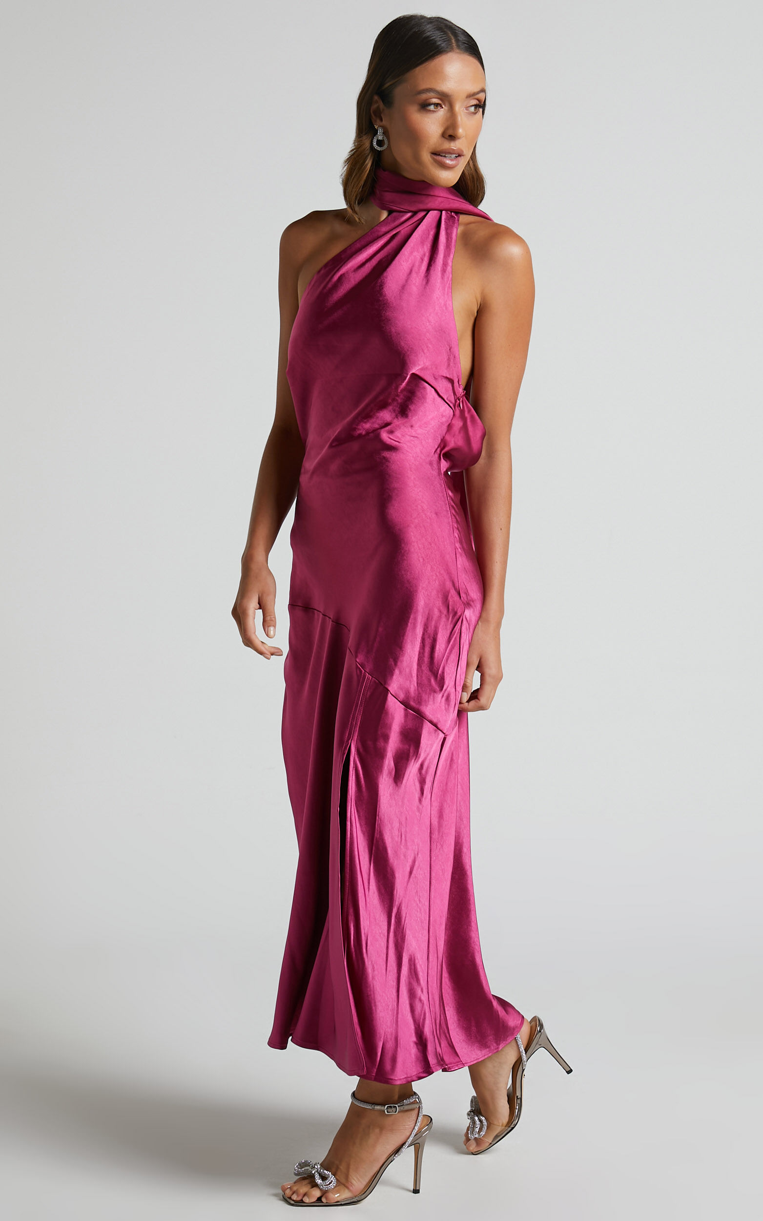 Evana Midi Dress - High Asymmetrical Neck Satin Slip Dress in