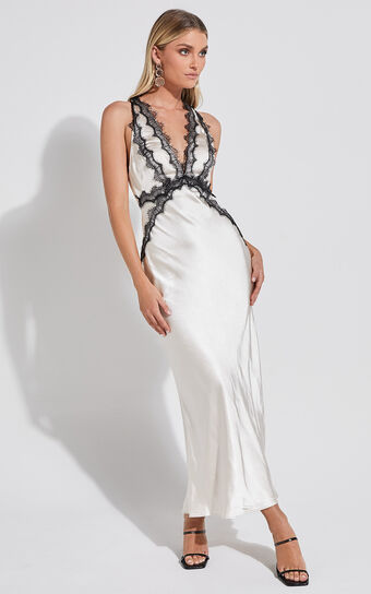 Kaylia Midi Dress - Lace Detail Satin Dress in Oyster