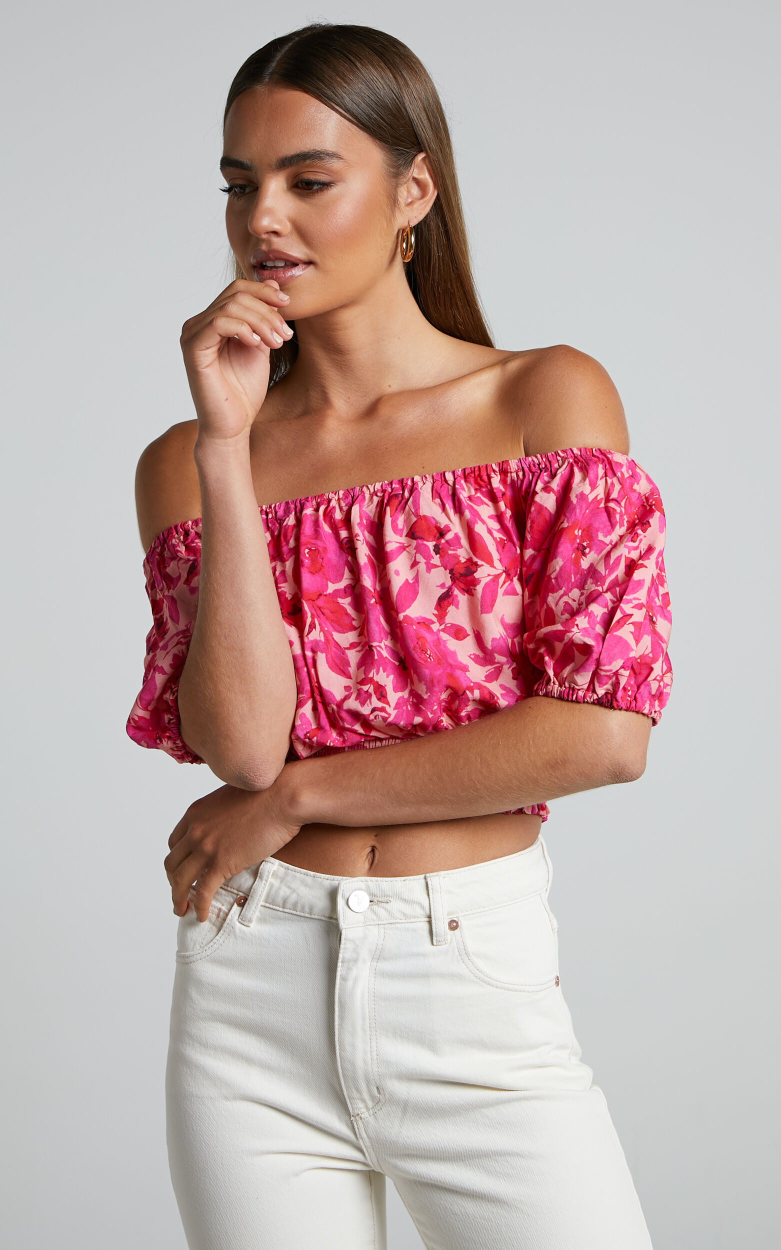 Pink floral off the shoulder top deals