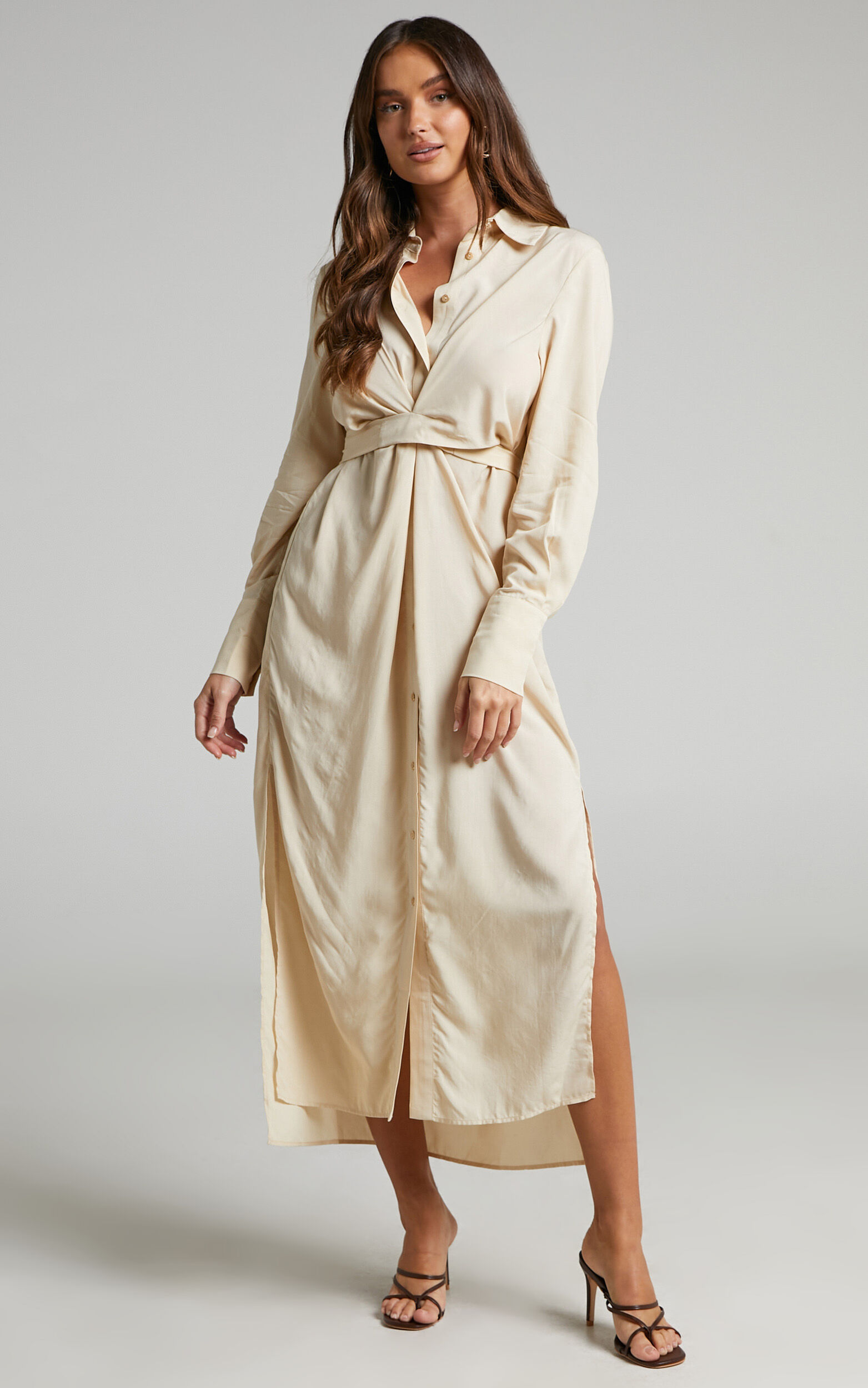 Trinidad Midi Dress - Twist Front Button Through Dress in Sand - 04, NEU1