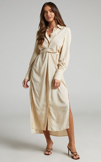 Trinidad Midi Dress - Twist Front Button Through Dress in Sand