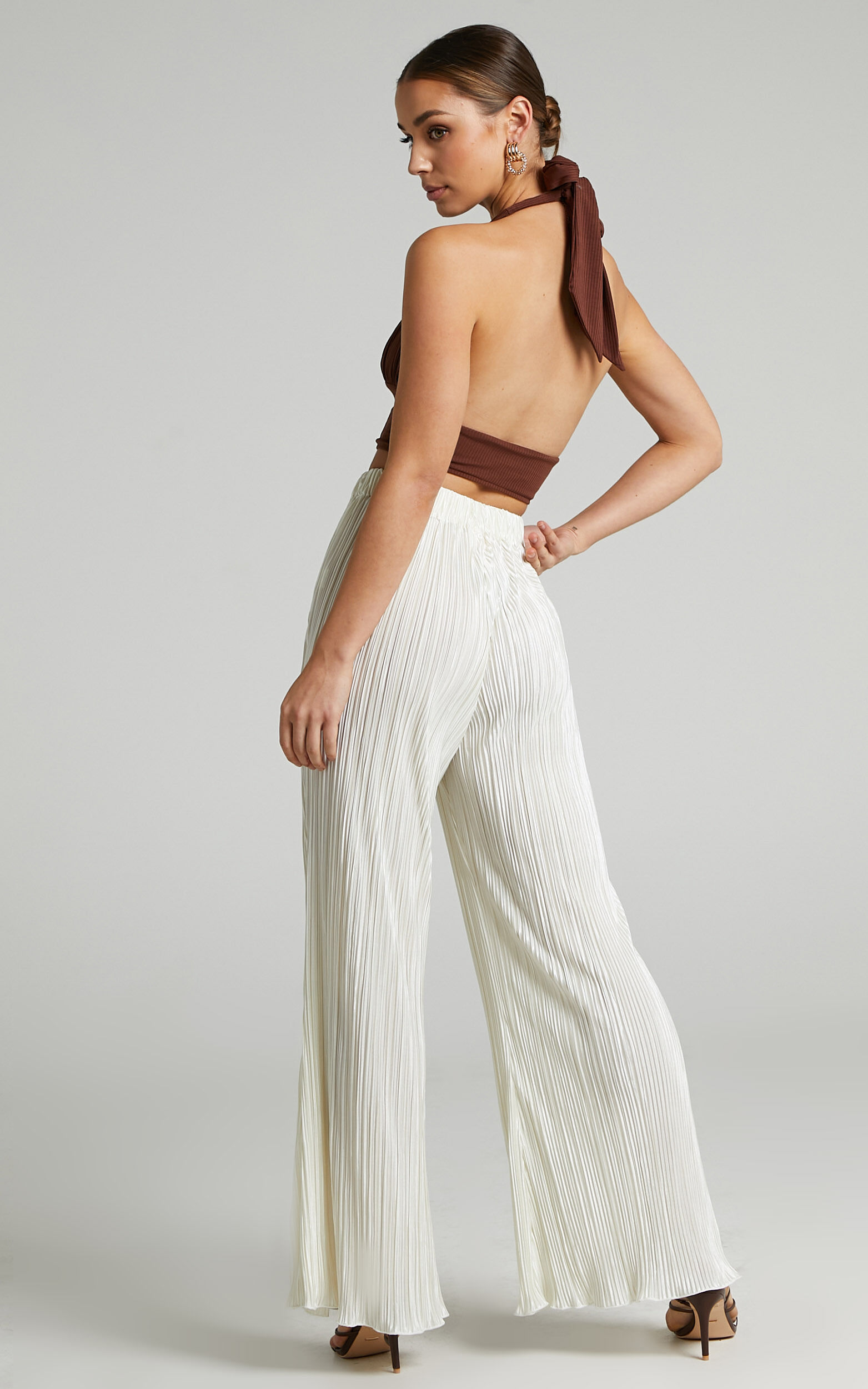Chiara Plisse Pleated Backless Halter Neck Top in Cream