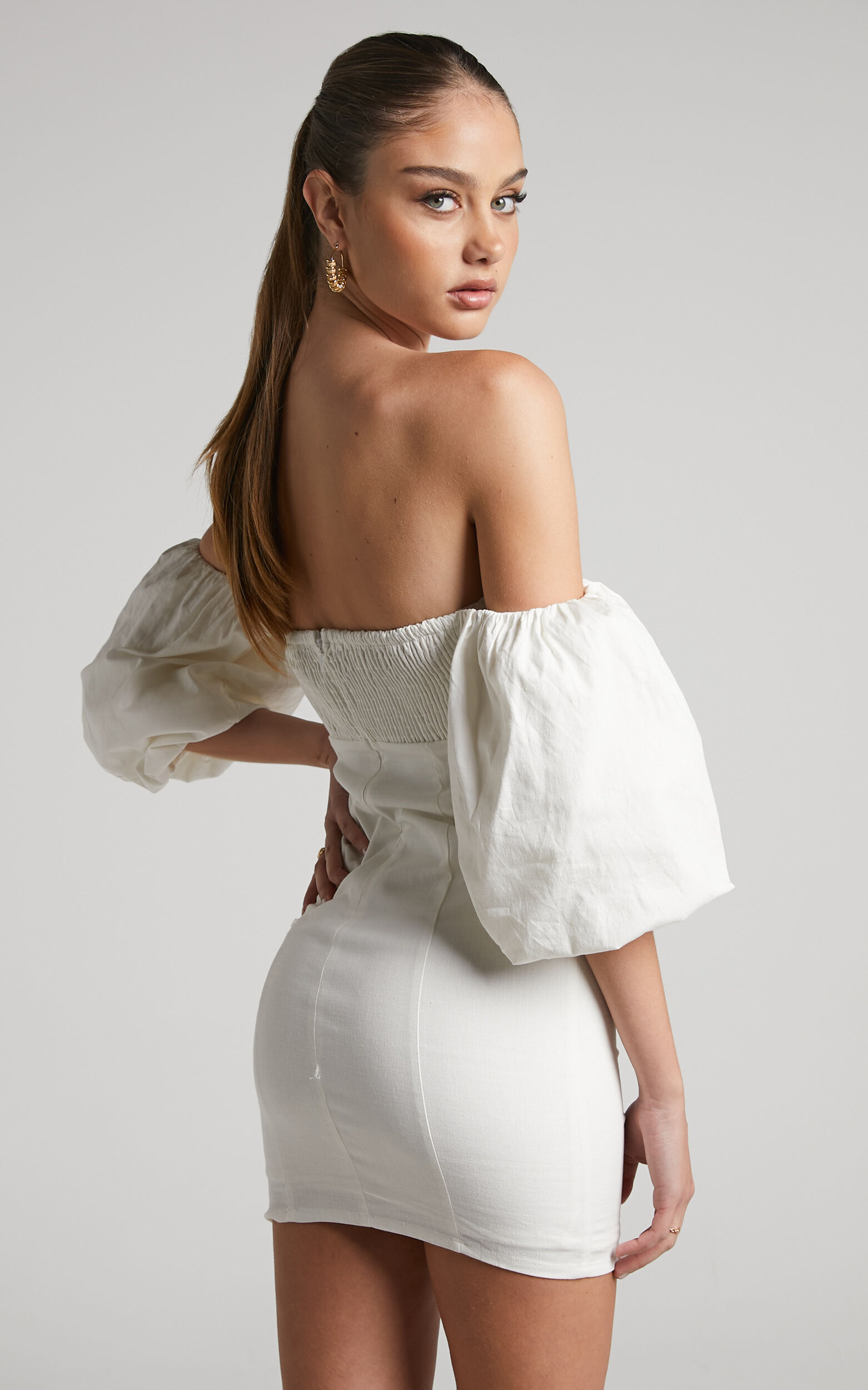 Steffie Mini Dress Shirred Off Shoulder Puff Sleeve Bodycon
