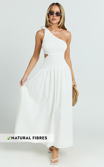 Larose Midi Dress - One Shoulder Tie Side Cut Out Dress Fit and Flare Dress in White