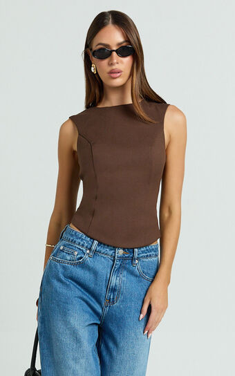 Yvette Top - High Neck Open Back Wool Look Top in Chocolate