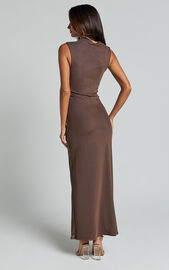 Lara Midi Dress - Asymmetrical Ruched Mesh Dress in Chocolate | Showpo USA