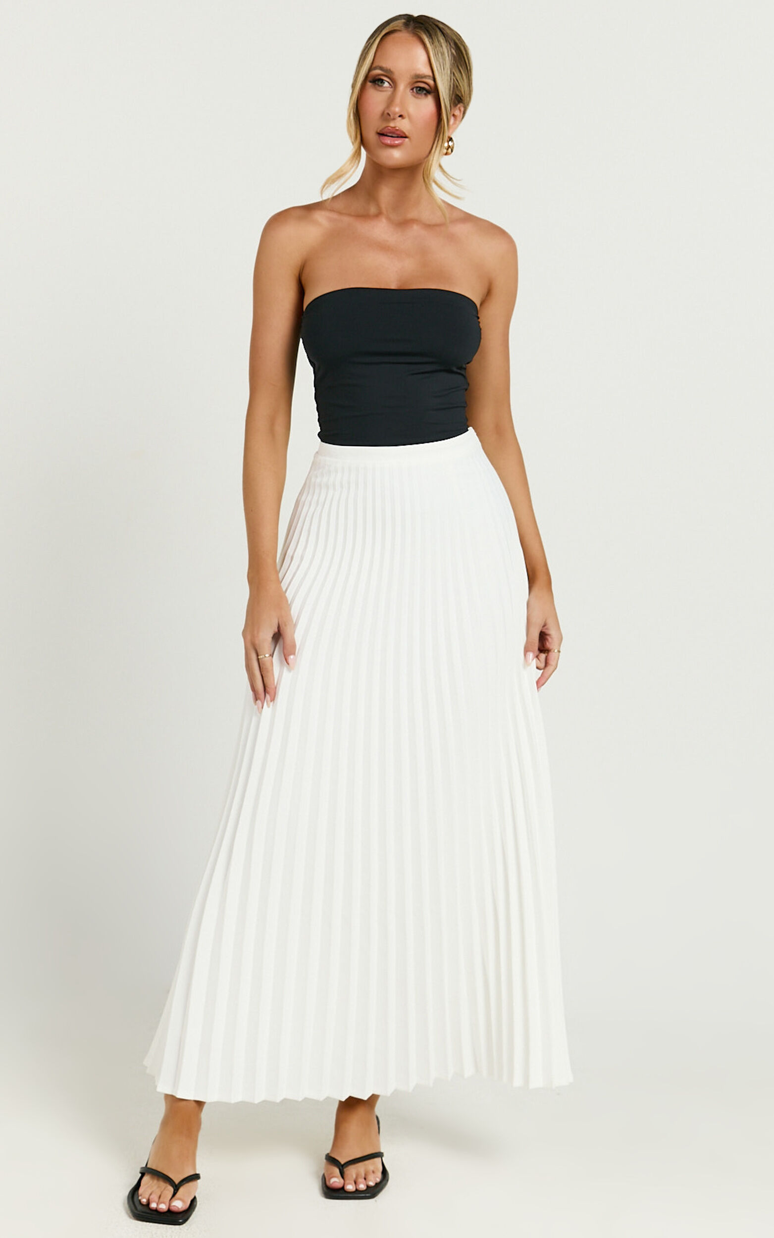 Harlee Midi Skirt Pleated High Waist A Line Skirt in White