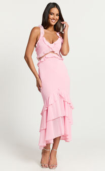 Hattie Midi Dress - Ruffle Detail V-neck Dress in Pink