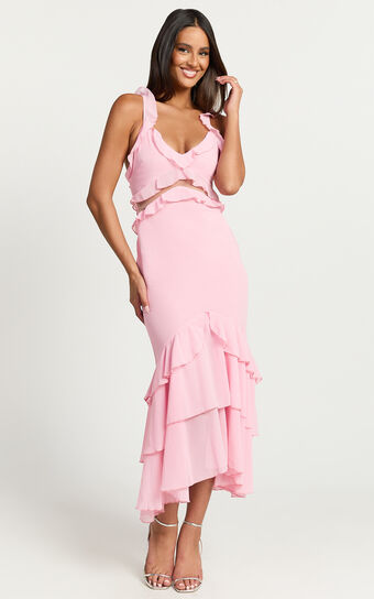 Hattie Midi Dress - Ruffle Detail V-neck Dress in Pink