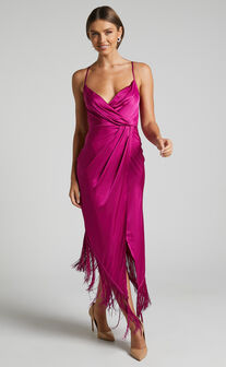 Rholie Midi Dress - Plunge Neck Fringe Hem Fixed Wrap Dress in Pink