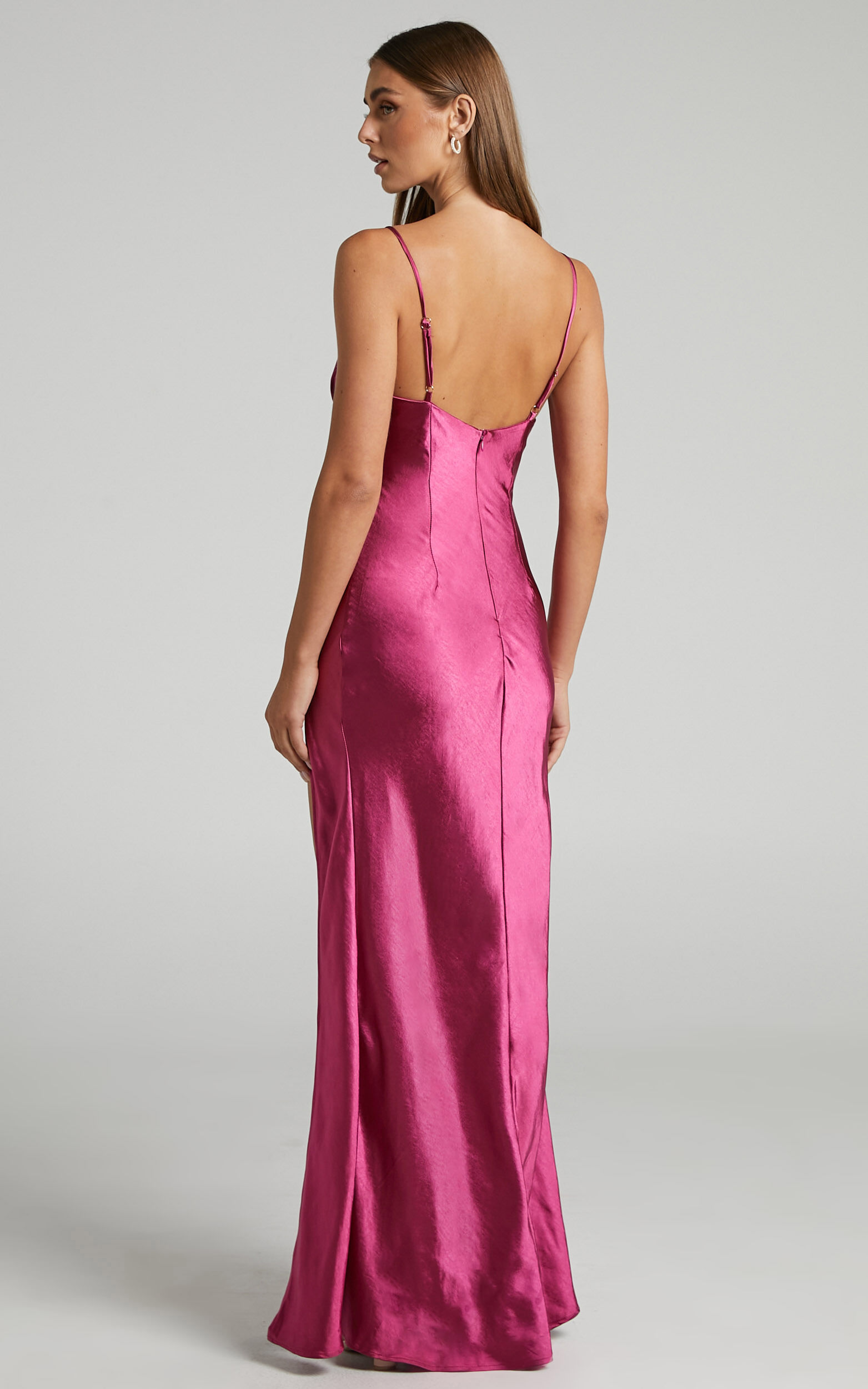 Remington Maxi Dress Button Detail Split Bias Cut Satin Dress in Berry Showpo NZ