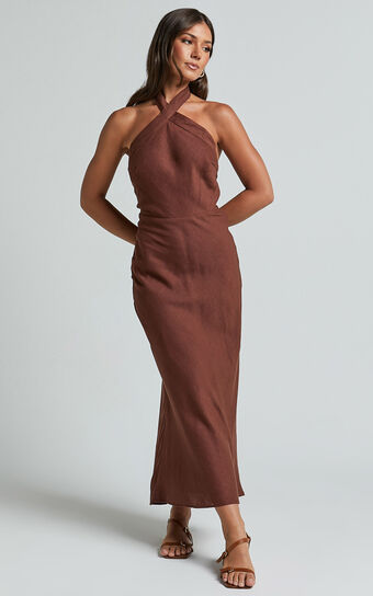 Maelynn Midi Dress - Linen Look Twist Halter Neck Low Back Slip Dress in Chocolate
