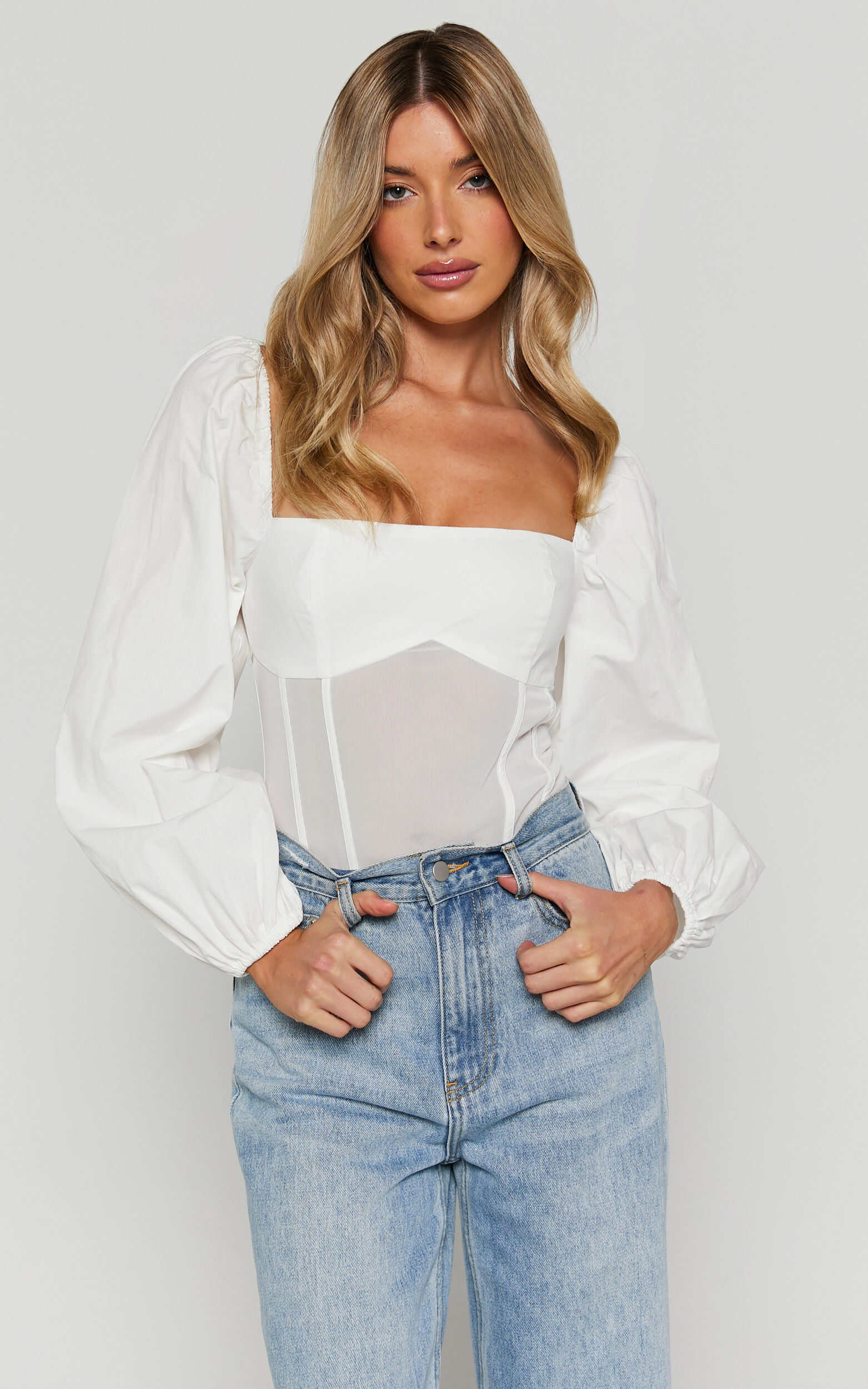 Lincy Bodysuit - Puff Long Sleeve Mesh Waist Detail Bodysuit in White - 04, WHT1