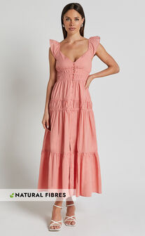 Addi Midi Dress - Button Front Plunge Neck Short Flutter Sleeve Tiered in Peach Fuzz