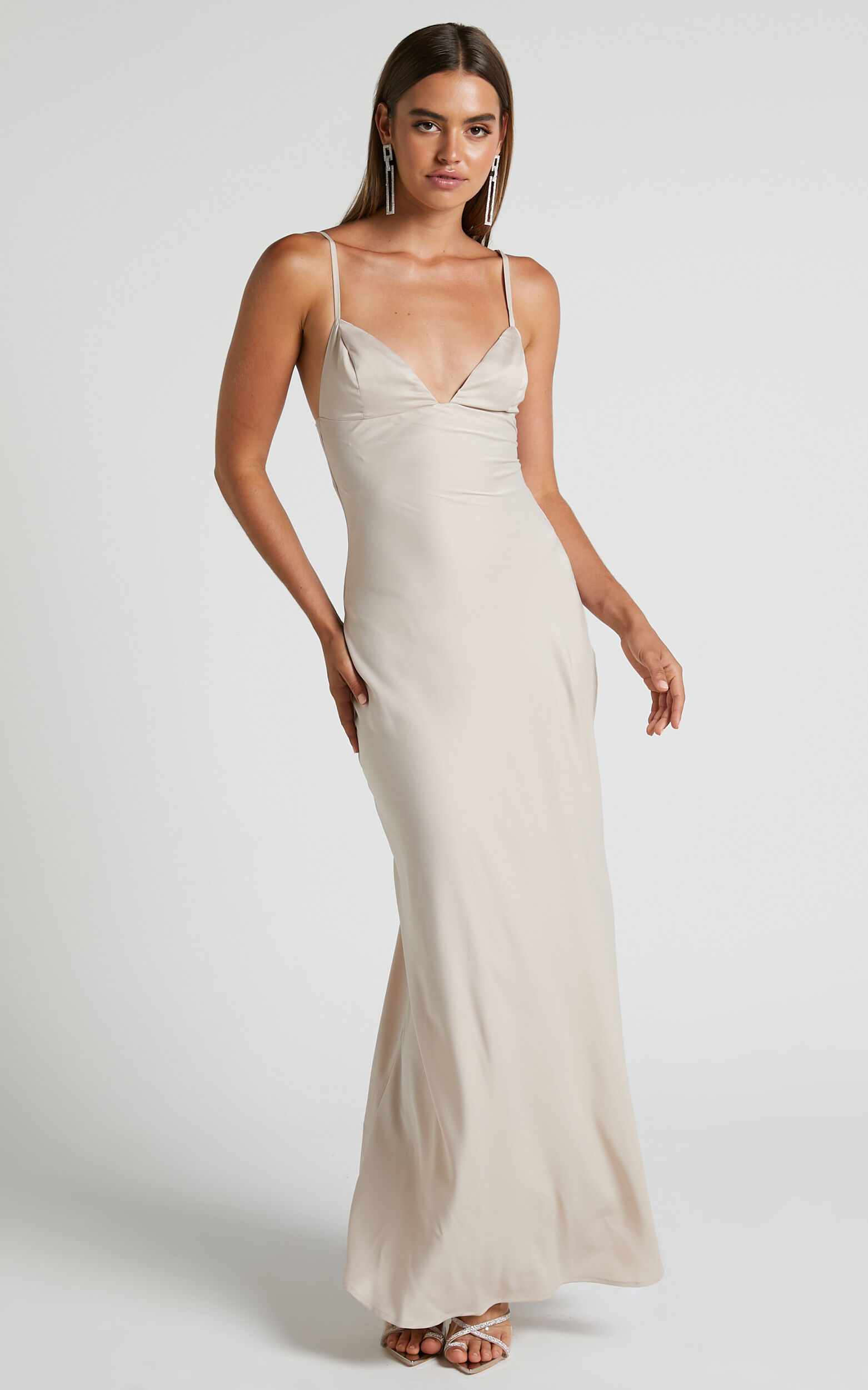 Cariela Midi Dress Plunge Neck Satin Dress in Champagne Showpo USA