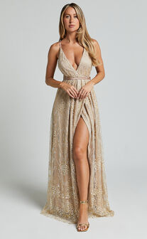 NEW YORK NIGHTS MAXI DRESS - SEQUIN PLUNGE CROSS BACK DRESS in Gold