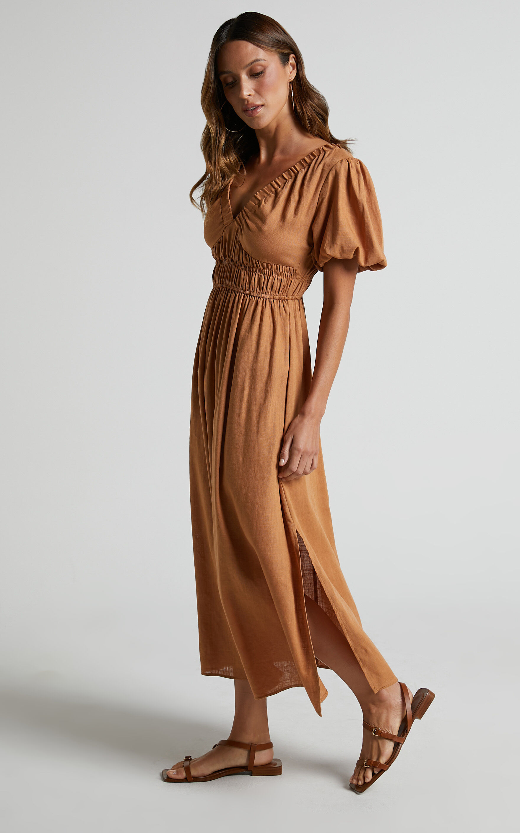 Lorella Midi Dress Puff Sleeve Plunge Neck Dress in Butterscotch Showpo USA