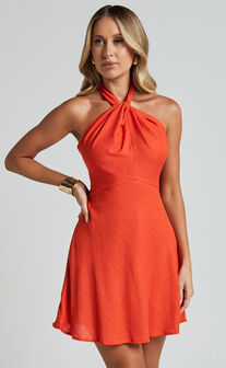 Louie Mini Dress - Linen Halter Neck Dress in Orange