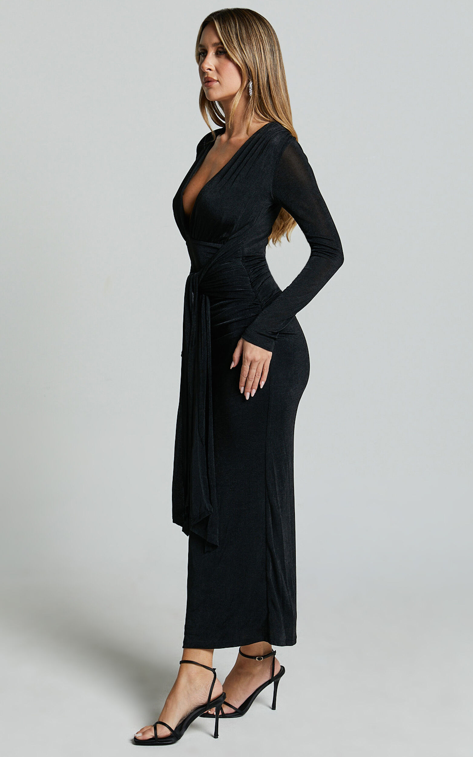 Melanie Midi Dress - Plunge Long Sleeve Tie Front Dress in Black | Showpo