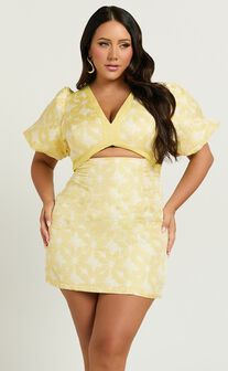 Diana Mini Dress - Jacquard Short Sleeve Cut Out Dress in Lemon