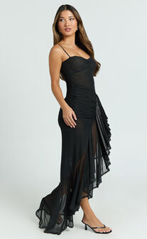 Brionna Midi Dress - Lace Neck Ruched Ruffle Hem Dress in Black