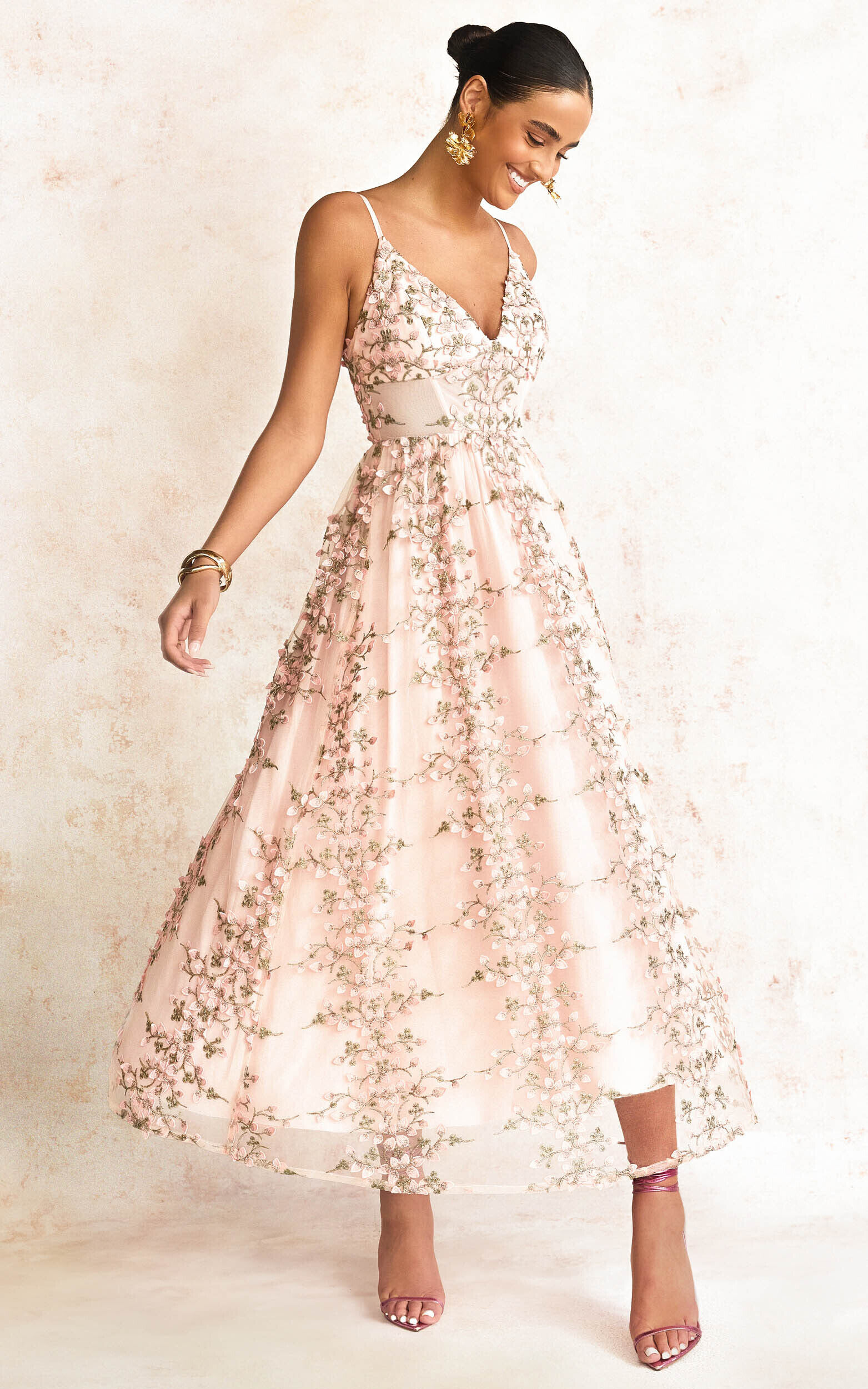 Amalie The Label Lou V Neck Embroidered Tulle Maxi Dress in Blush Showpo