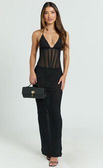 Roselyn Maxi Dress - Halter Neck Corset Waist Column Dress in Black