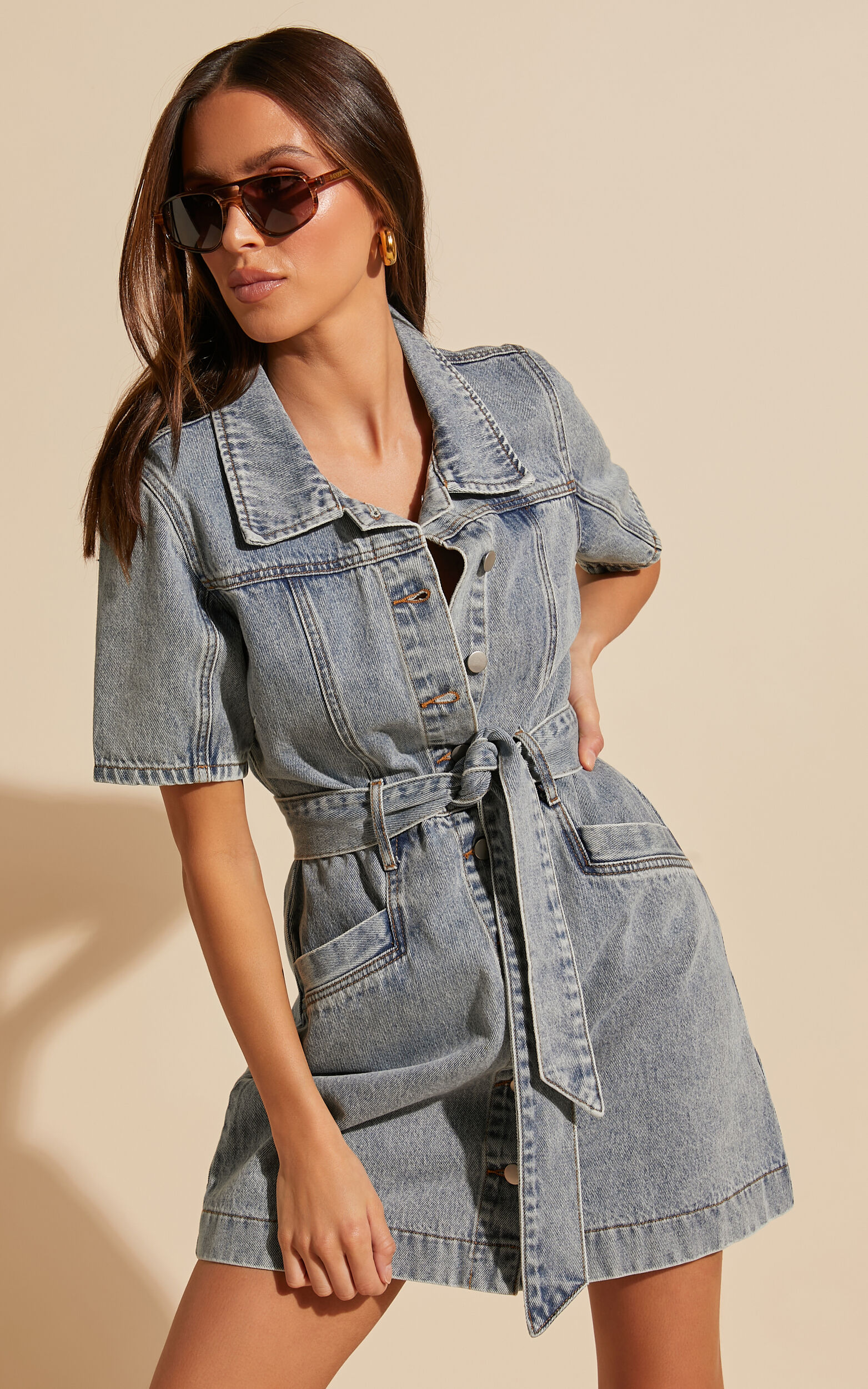 Aelicia Mini Dress - Button Through Denim Dress in Mid Blue Wash - 04, BLU1