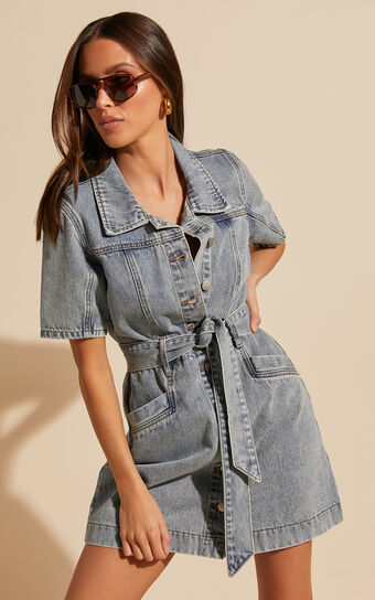 Aelicia Mini Dress - Button Through Denim Dress in Mid Blue Wash