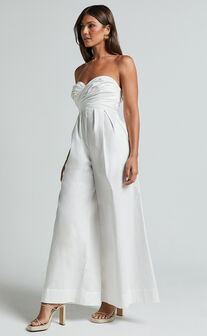 Velia Jumpsuit - Strapless Ruched Bodice Wide Leg Jumpsuit in White