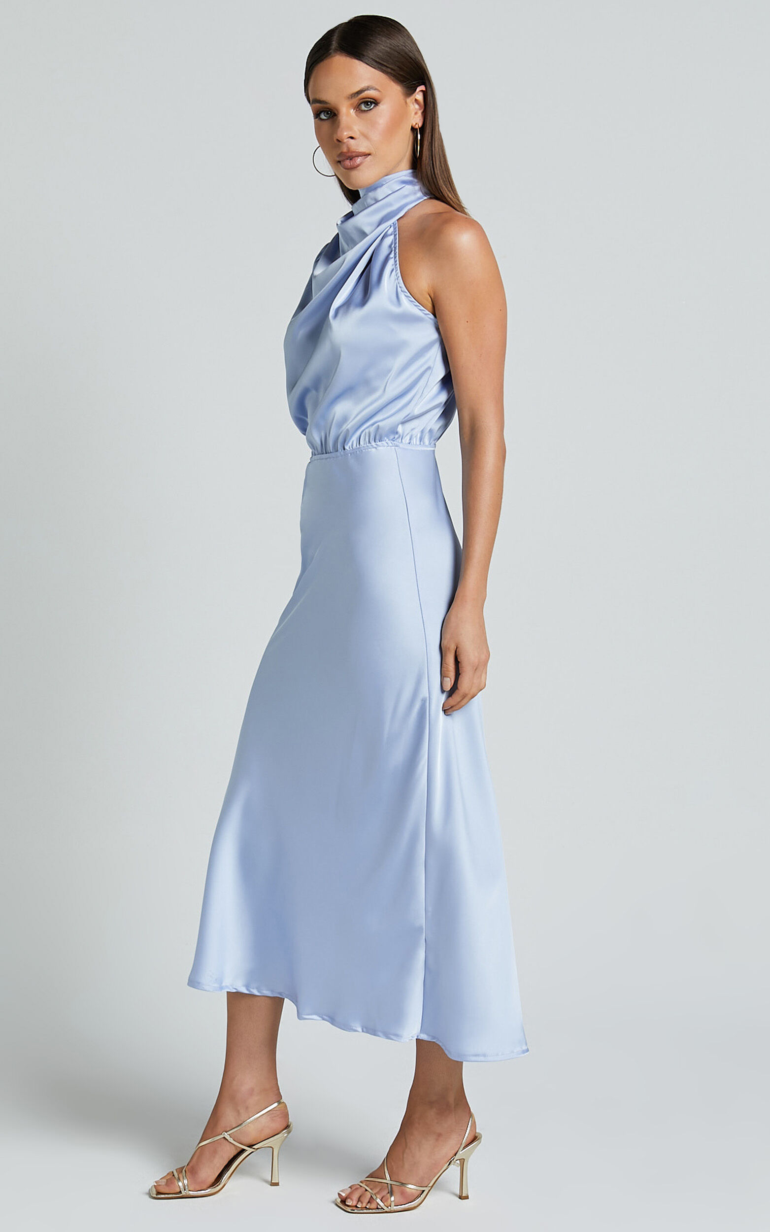 Marcela Midi Dress - Drape Neck One Sleeve Satin Bias Cut Dress in Light  Blue