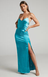 Bravia Maxi Dress - Chain Strap Open Back Satin Dress in Aquamarine ...