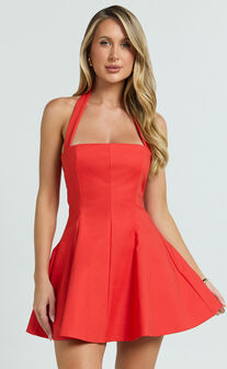 Nadine Mini Dress - Square Neck Halterneck Flare Skirt Dress in Red