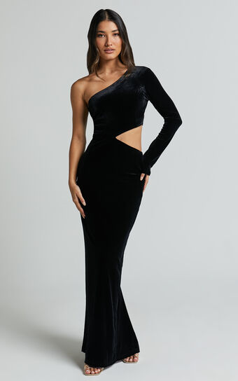 Gabbie Maxi Dress  Velvet One Shoulder Cut Out in Black