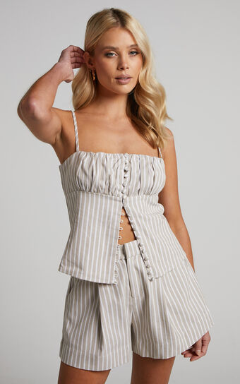 Romlene Top - Linen Look Ruched Bust Button Through Cami in Natural Stripe