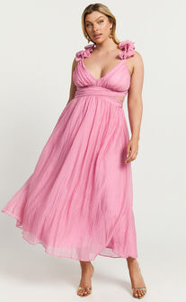 Marielly Maxi Dress - Side Cut Out V Neck Ruffle Detail Sleeve Dress in Pink