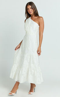 Nadette Midi Dress - One Shoulder Pleated Tiered Dress in White
