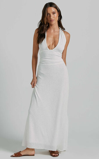 Wesley Maxi Dress - Plunge Halter Neck Backless Tie in White